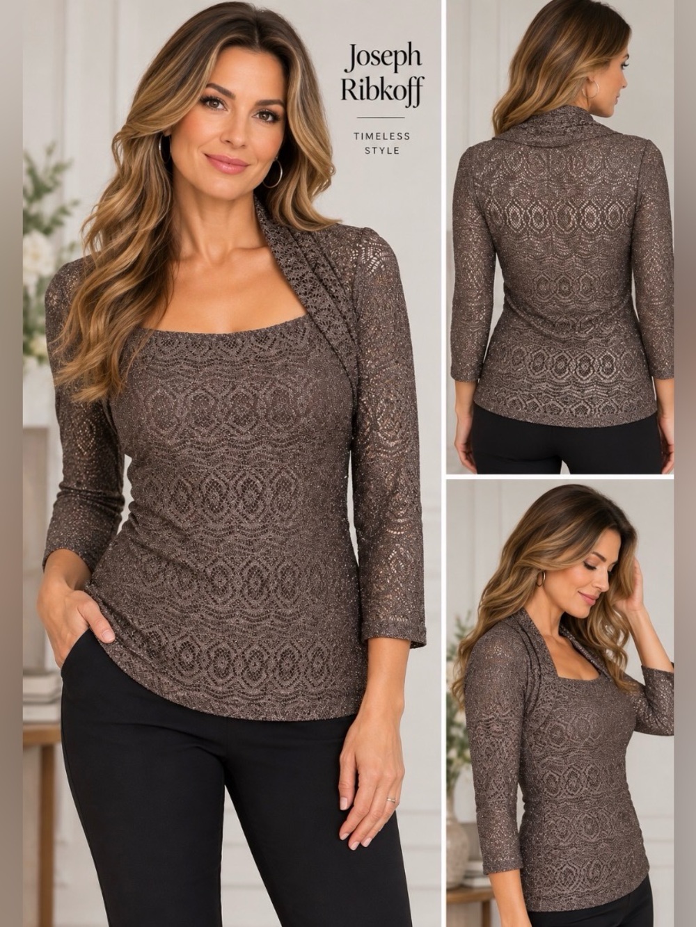 Joseph Ribkoff Metallic Lace Knit Shrug Top 3/4 Sleeve